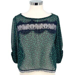 Lush Green Navy Sheer Lace Accent Blouse Half Sleeve Size Medium